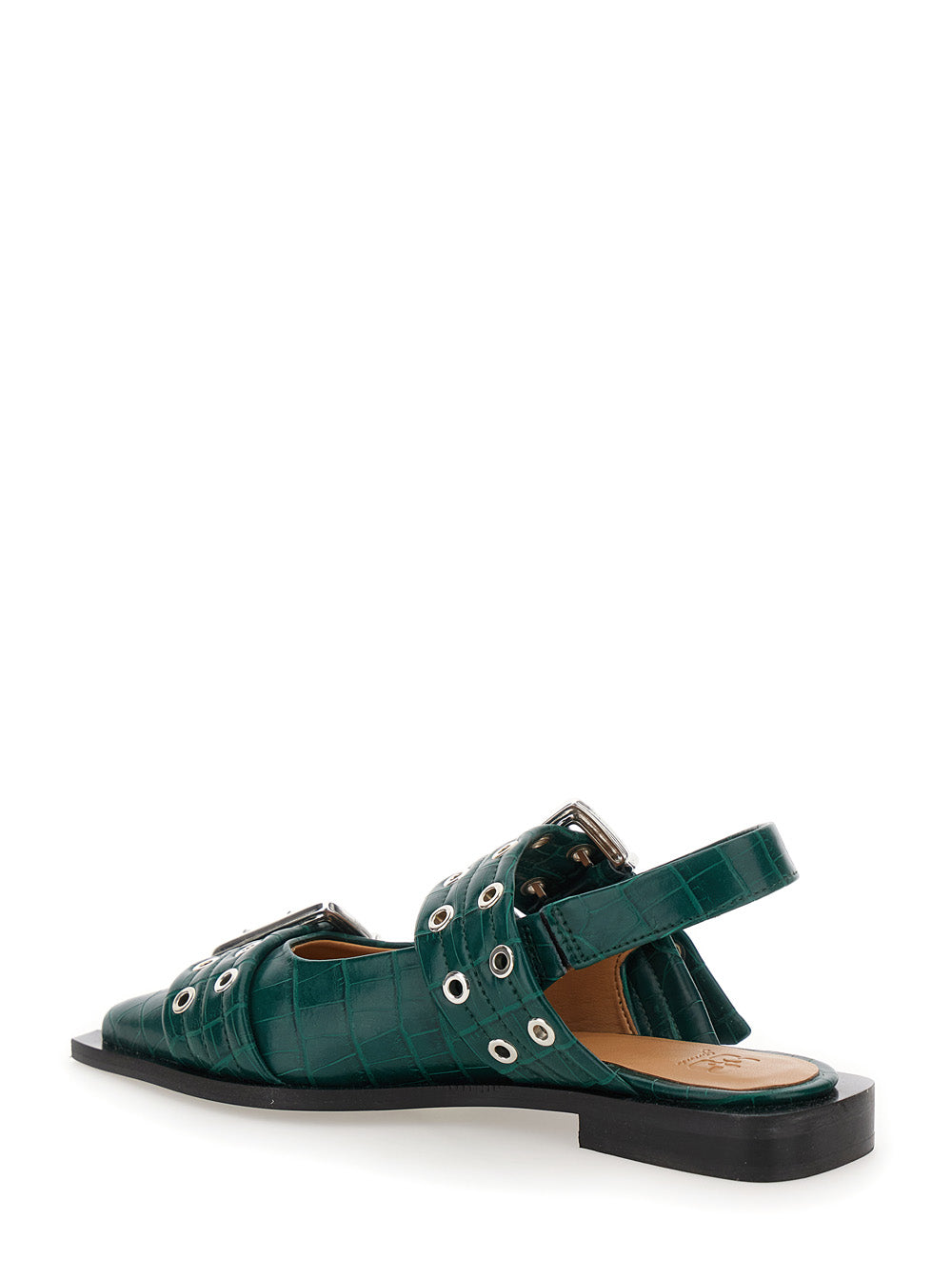 Ganni Women Green Ballet Shoes With Double Buckle And Pointed Design In Leather Woman GANNI