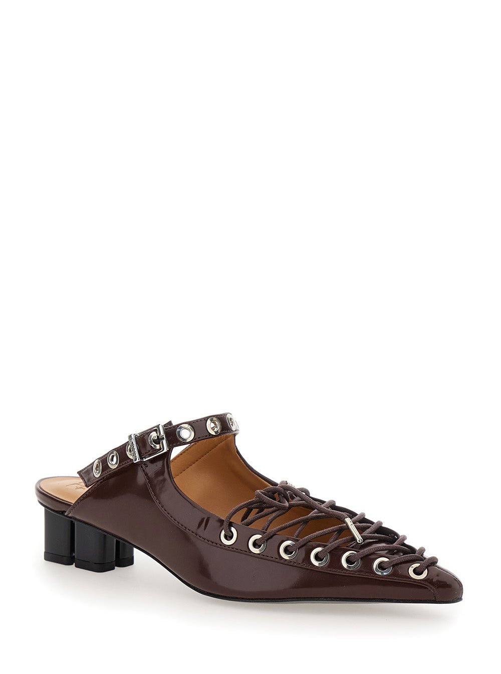 Ganni Women Brown Sandals With Pointed Toe Design And All-Over Laces In Eco Leather Woman GANNI
