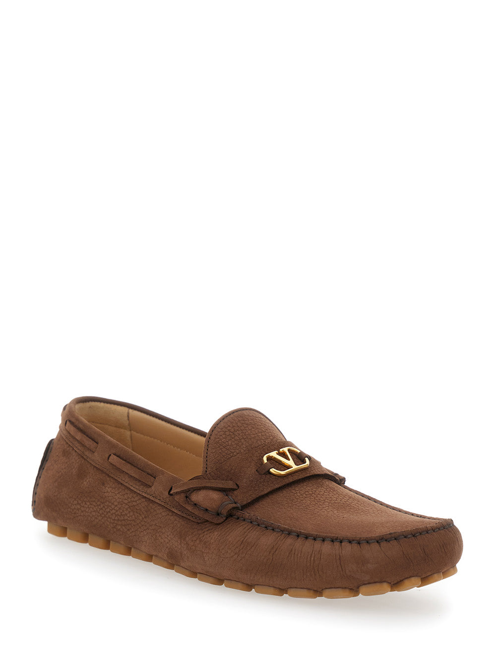 Valentino Garavani Men Brown Loafers With Round Toe And Vlogo Plaque In Suede Man VALENTINO GARAVANI