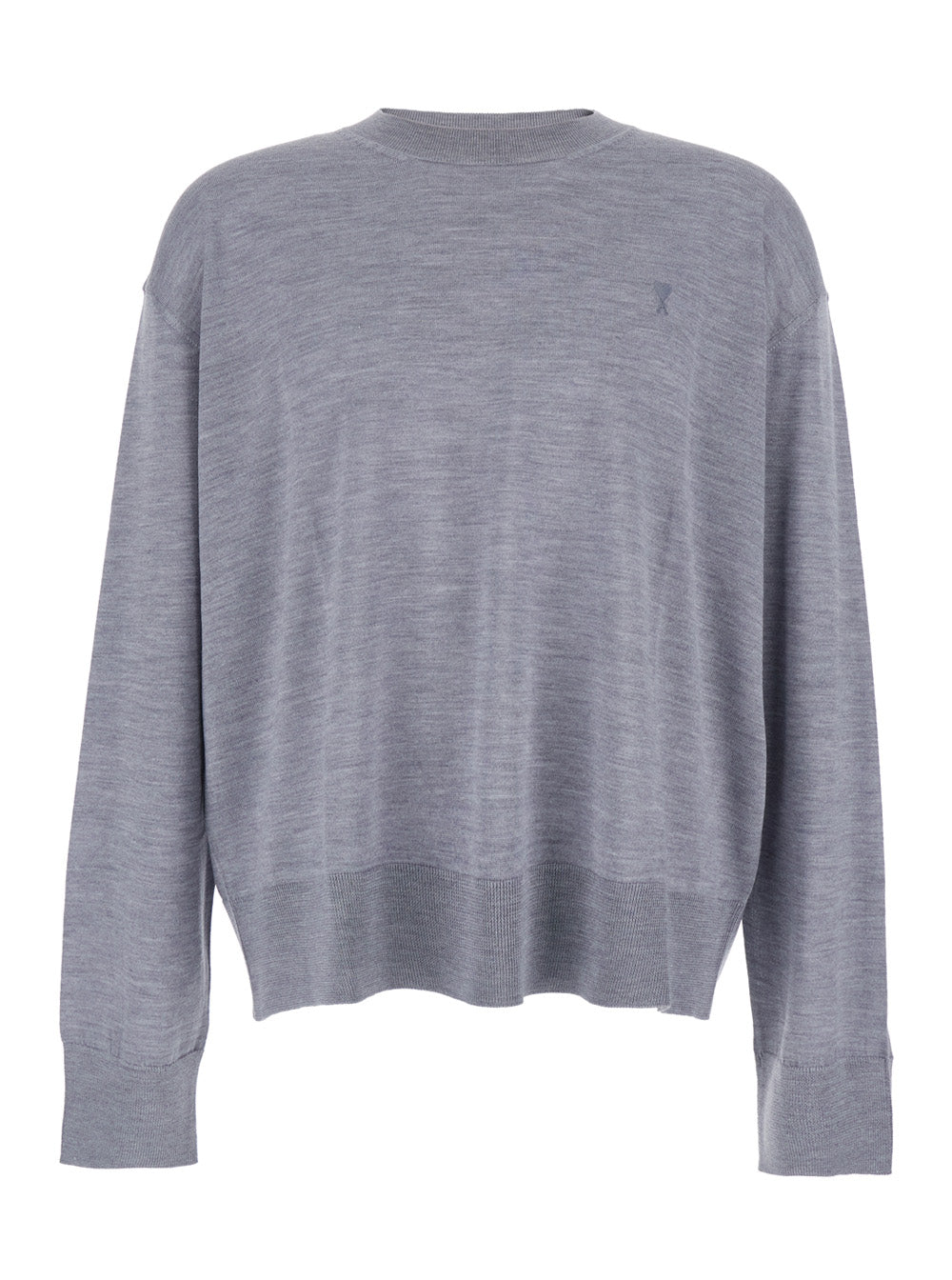 Ami Paris Men Grey Crew Neck Sweater With Embroidered Logo On The Front In Wool Man AMI PARIS