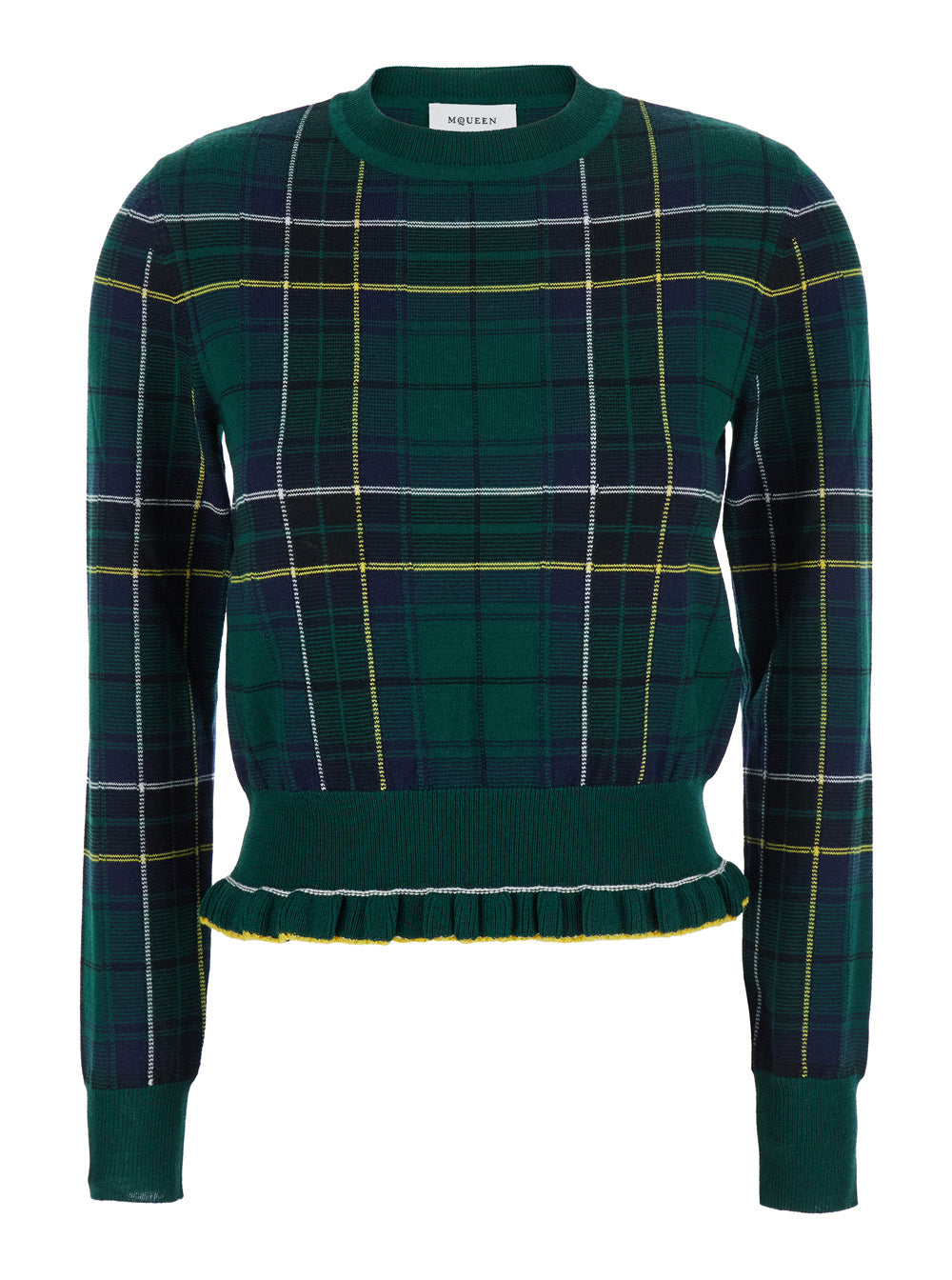 Alexander Mcqueen Women Green Crew Neck Sweater With Tartan Pattern And Fringed Hem In Wool Woman ALEXANDER MCQUEEN