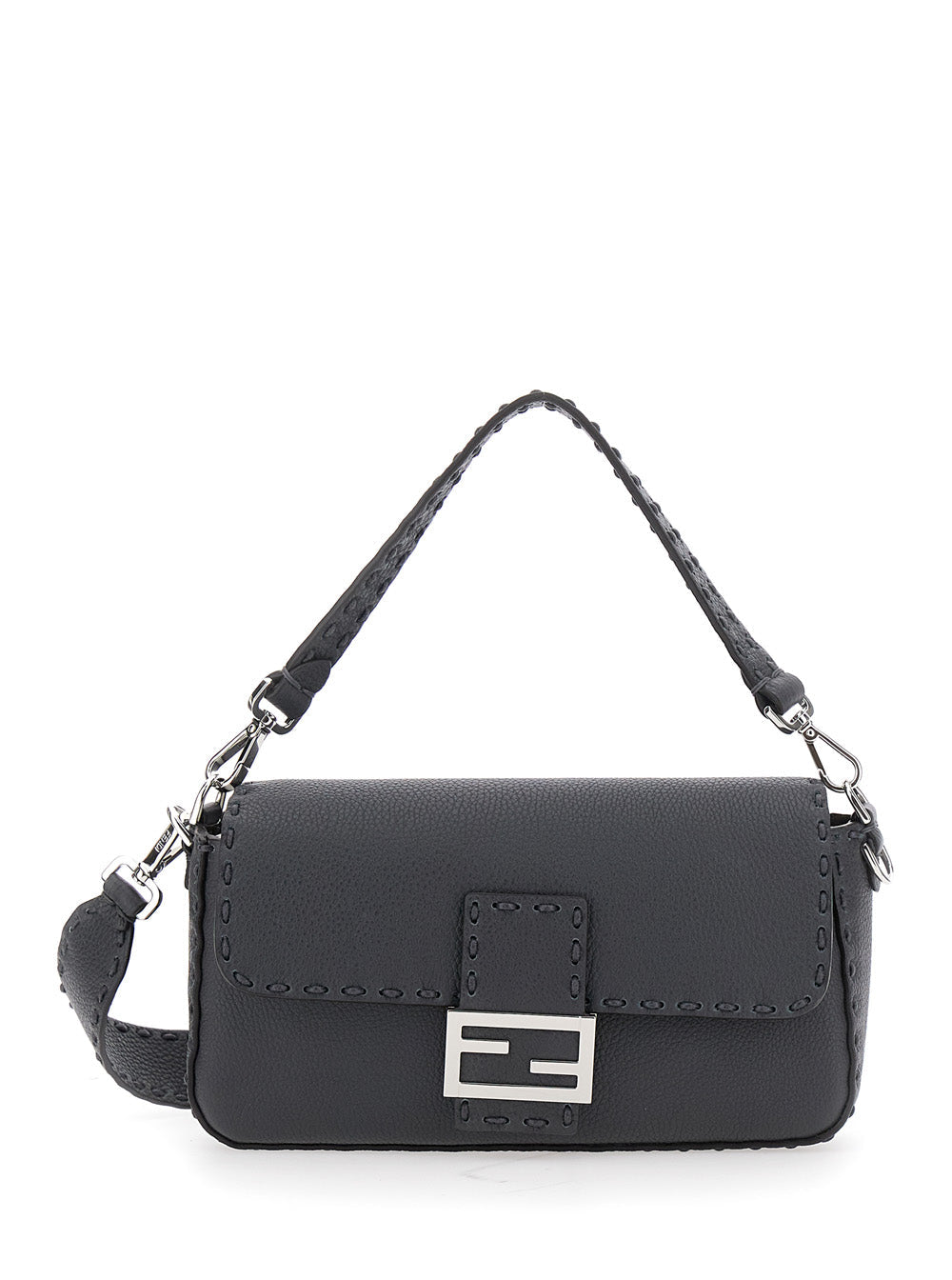 Fendi Men “Baguette” Grey Shoulder Bag With Contrast Stitching In Leather Man FENDI
