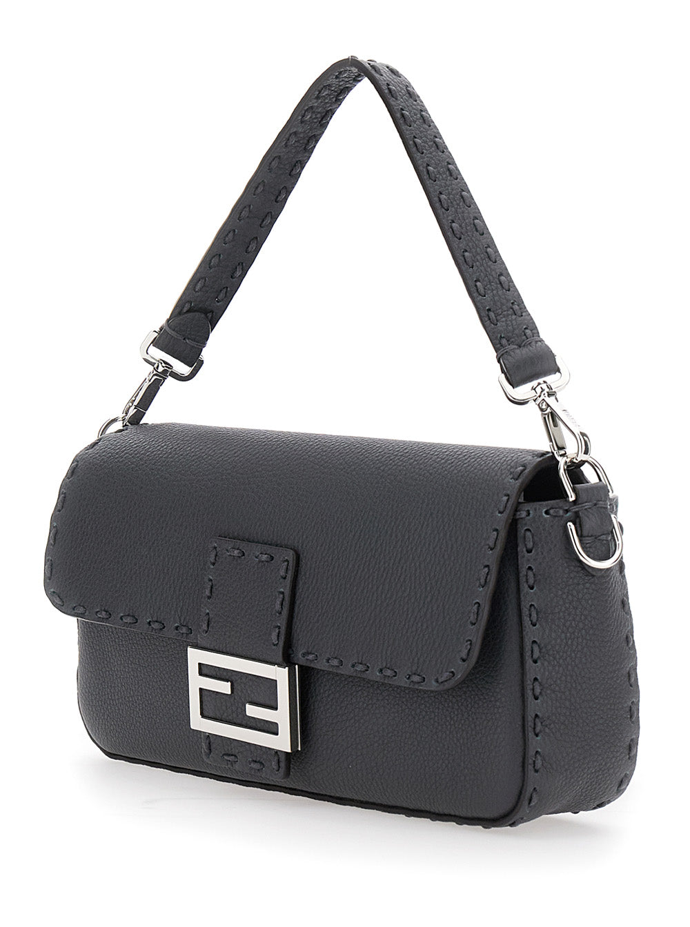 Fendi Men “Baguette” Grey Shoulder Bag With Contrast Stitching In Leather Man FENDI
