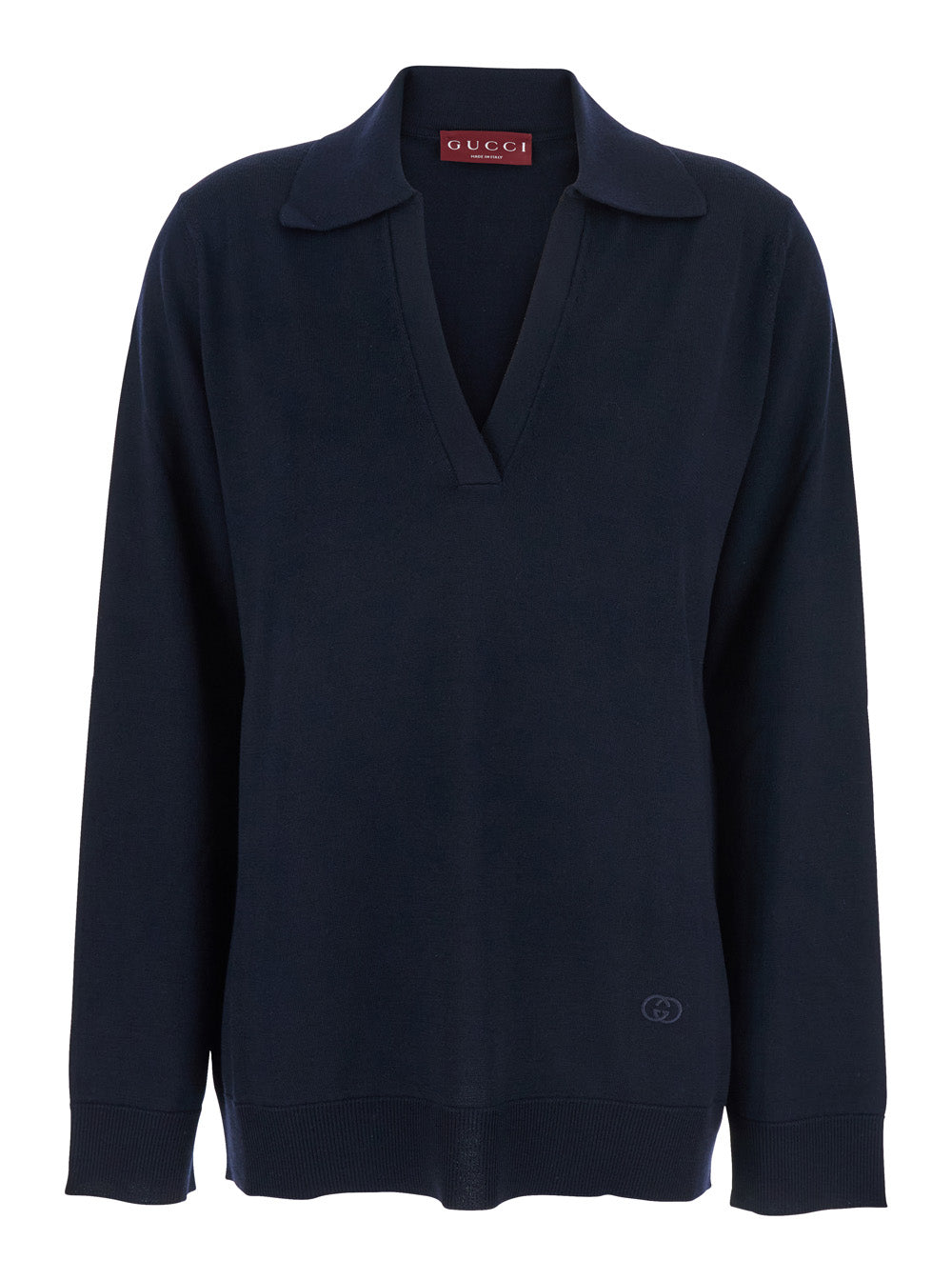 Gucci Women Blue Polo Collar Sweater With Gg Logo On The Front In Wool Woman GUCCI