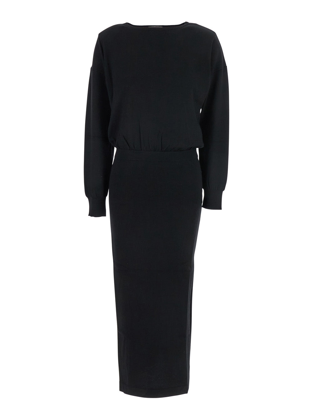 P.A.R.O.S.H. Women Black Round Neck Dress With Draped Waist In Wool Blend Woman P.A.R.O.S.H.