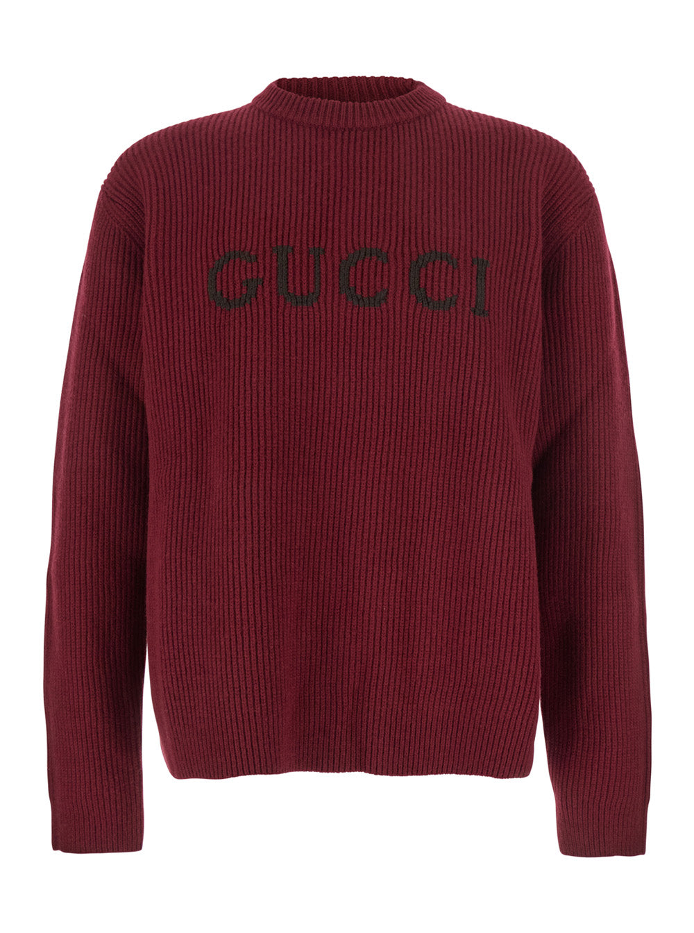 Gucci Men Bordeaux Crewneck Sweater With Logo Lettering Embroidery On The Front In Wool Man GUCCI