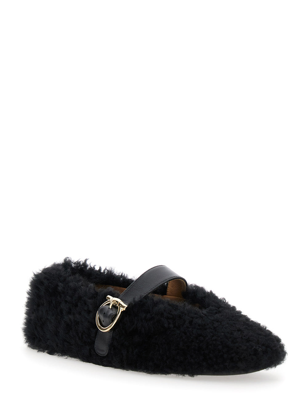 Ferragamo Women Black Ballerinas With Shearling Design And Buckle In Leather Woman
