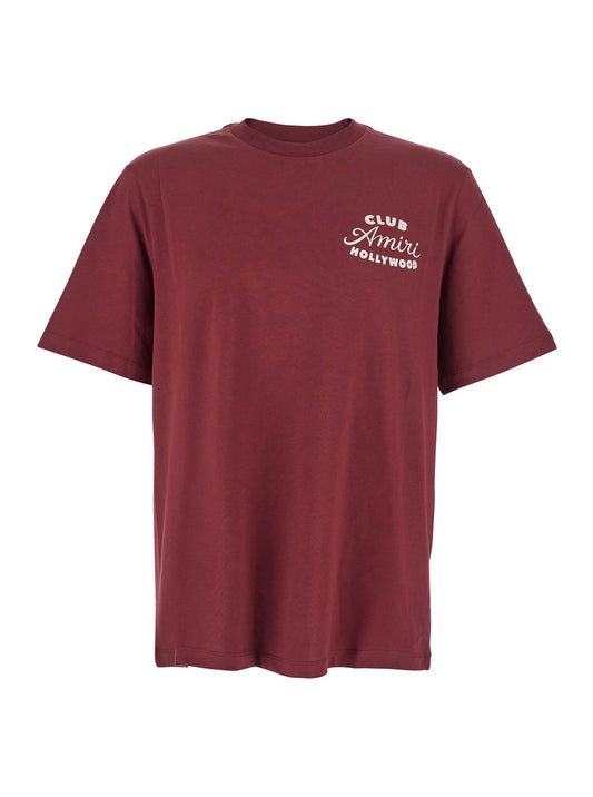 Amiri Men Bordeaux Crewneck T-Shirt With Logo Lettering On The Front And Maxi Logo Print On The Rear In Cotton Man