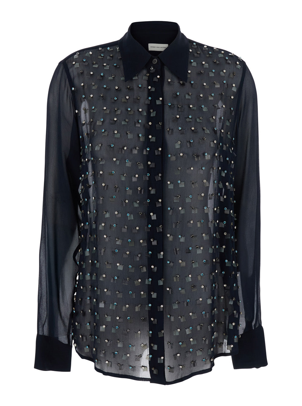 Dries Van Noten Women Blue Shirt With Pointed Collar And All-Over Crystal Application In Viscose Woman DRIES VAN NOTEN