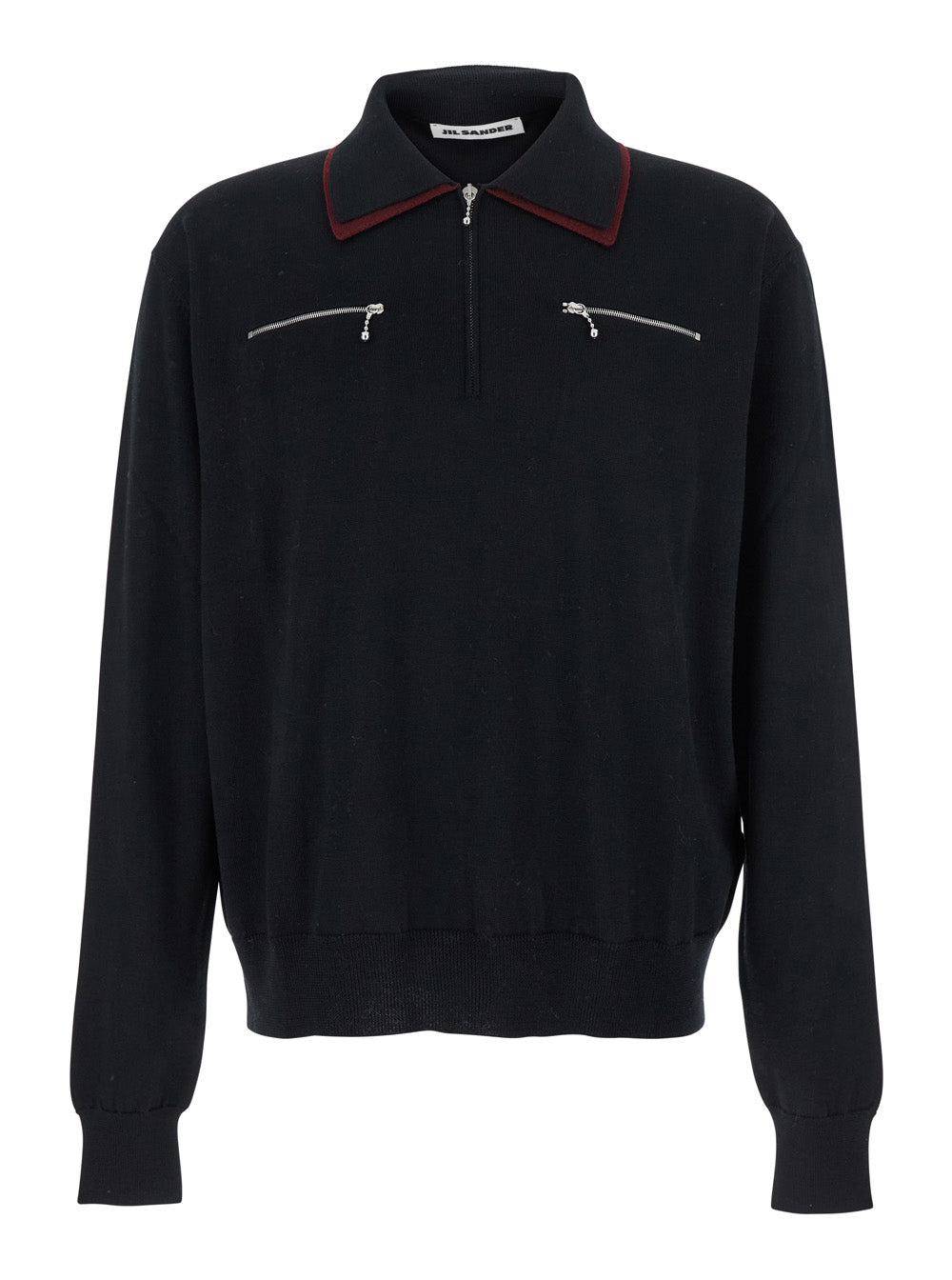 Jil Sander Men Black Sweater With Classic Collar And Front Zip Pockets In Wool Man JIL SANDER