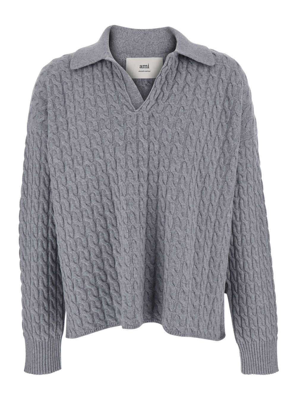Ami Paris Men Grey Polo Shirt With Woven Design In Wool Man