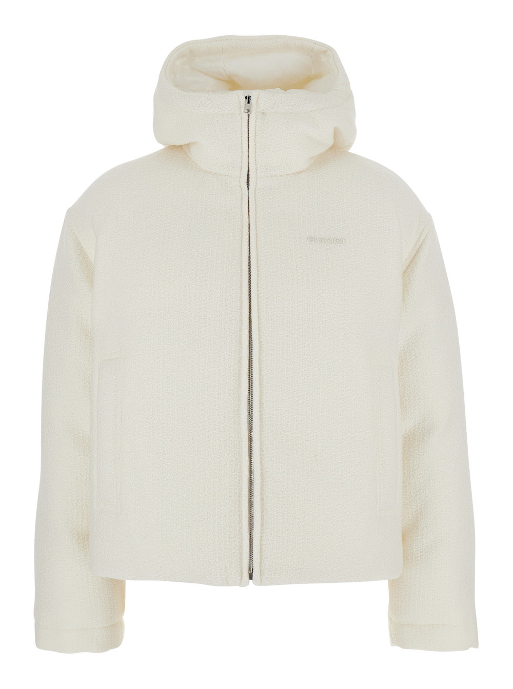 Gucci Women White Wool Bomber Jacket With Fixed Hood And Logo Lettering On The Front GUCCI
