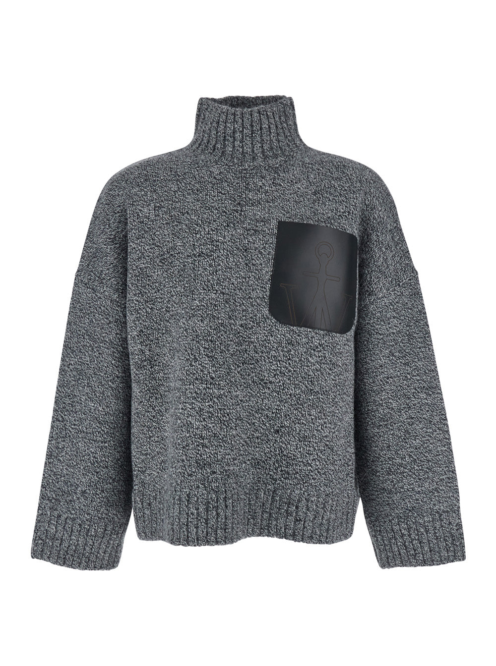 Jw Anderson Men Grey Sweater With High Neck And One Front Patch Leather Pocket In Wool Blend Man J.W. ANDERSON