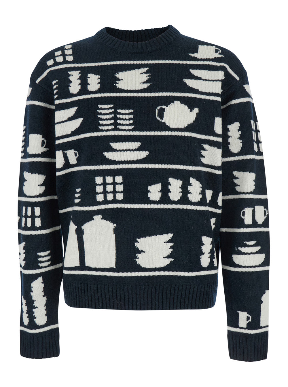 Jw Anderson Men Black And White Crewneck Sweater With Tableware Motif In Wool Man J.W. ANDERSON