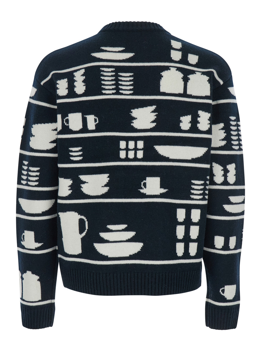 Jw Anderson Men Black And White Crewneck Sweater With Tableware Motif In Wool Man J.W. ANDERSON