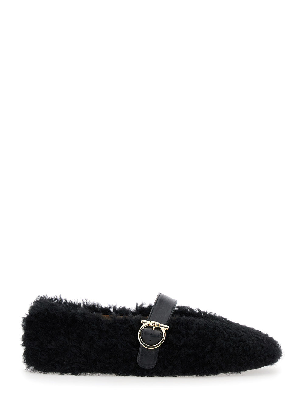 Ferragamo Women Black Ballerinas With Shearling Design And Buckle In Leather Woman