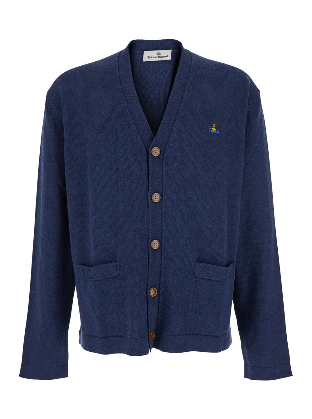 Vivienne Westwood Men Blue V-Neck Cardigan With Orb Decoration On The Front In Cotton Man VIVIENNE WESTWOOD