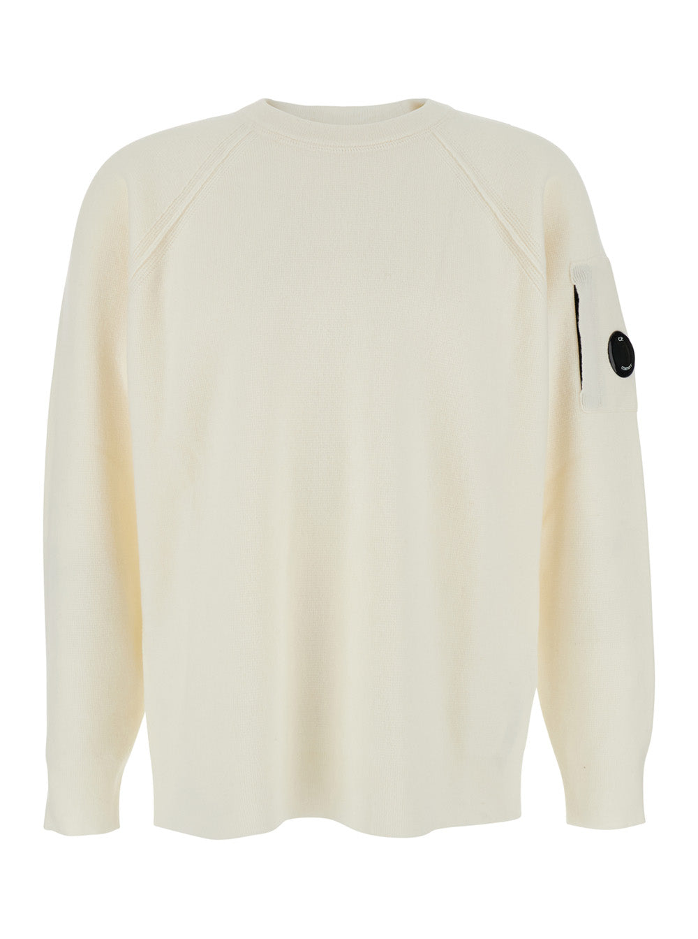 C.P. Company Men White Crewneck Sweater With Logo Plaque On The Sleeve In Wool Blend Man