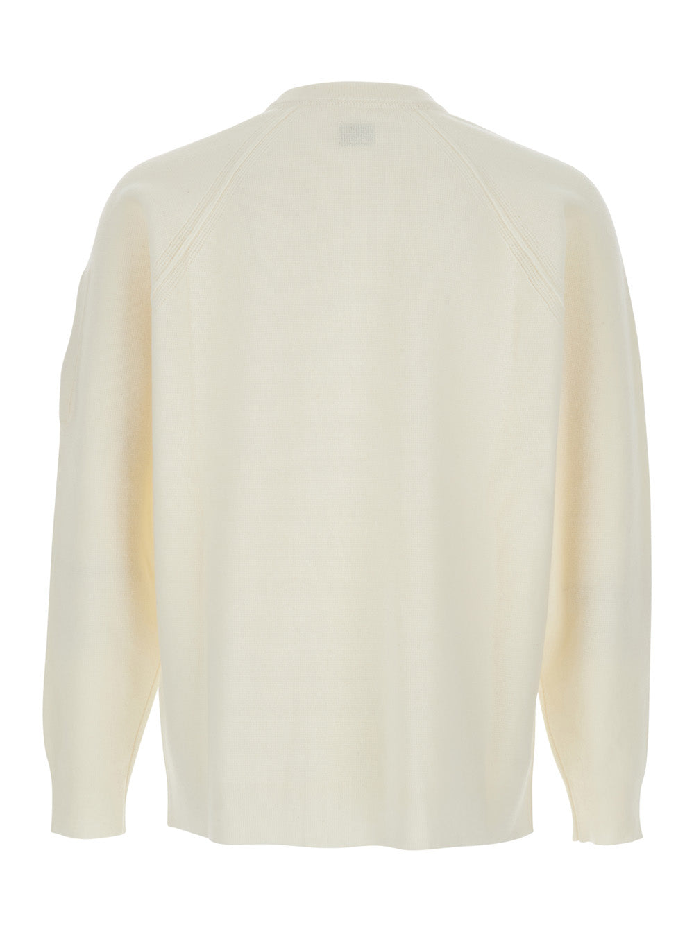 C.P. Company Men White Crewneck Sweater With Logo Plaque On The Sleeve In Wool Blend Man