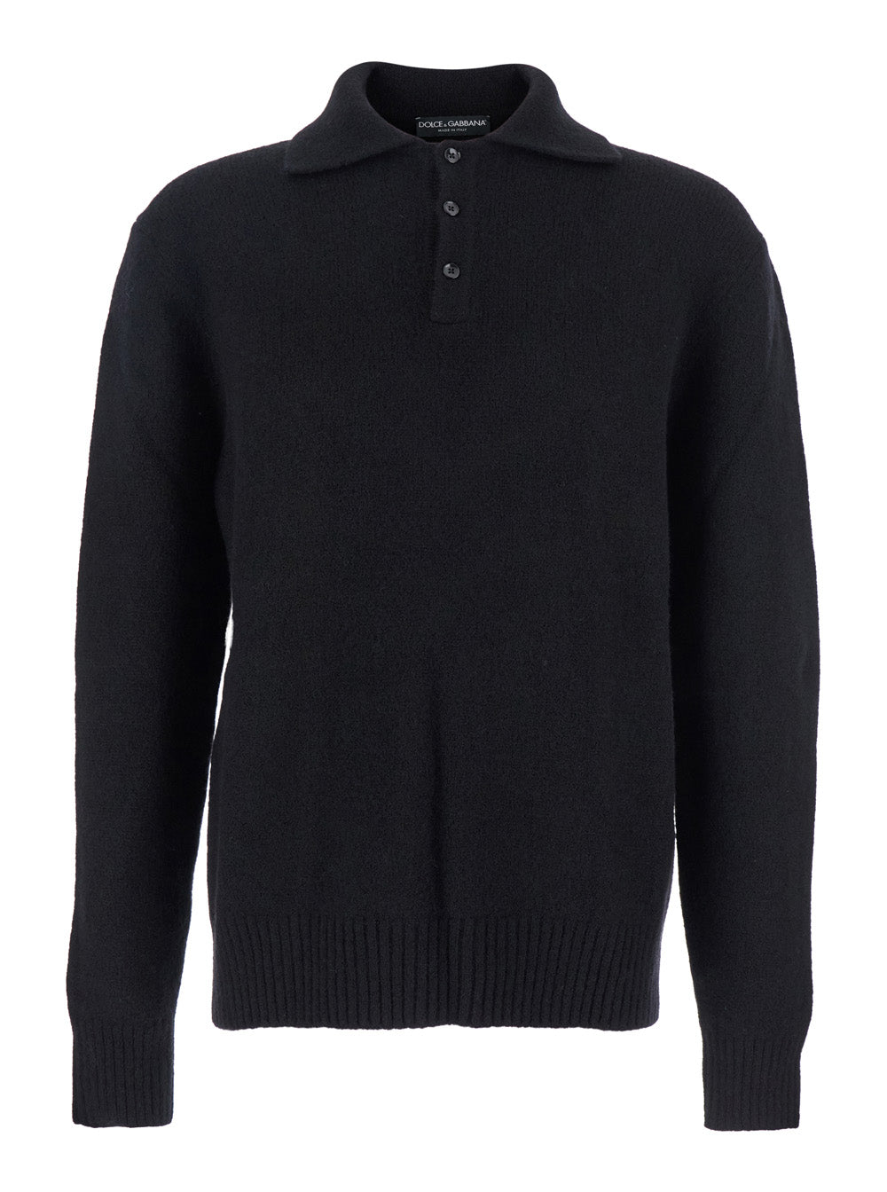 Dolce & Gabbana Men Black Sweater With Polo Collar And Back Logo Patch In Wool Man DOLCE & GABBANA
