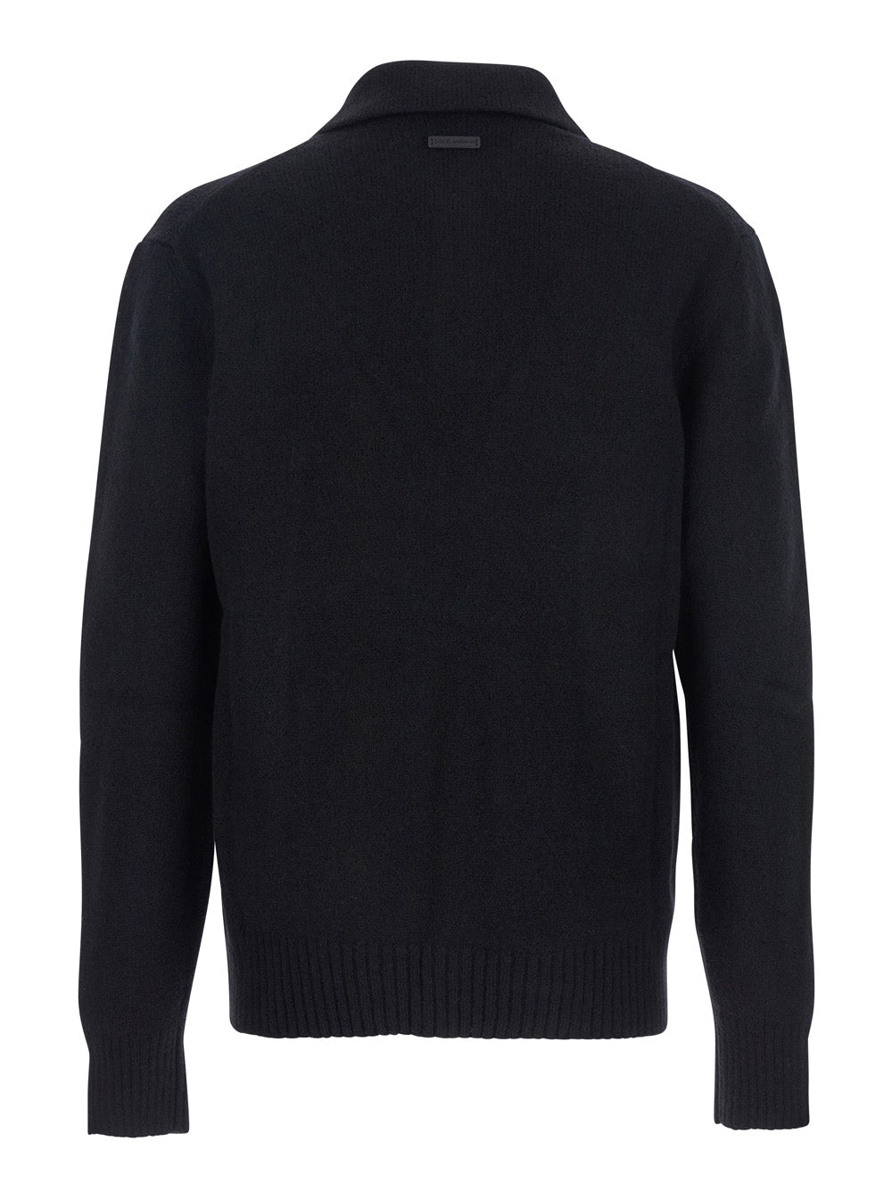 Dolce & Gabbana Men Black Sweater With Polo Collar And Back Logo Patch In Wool Man DOLCE & GABBANA