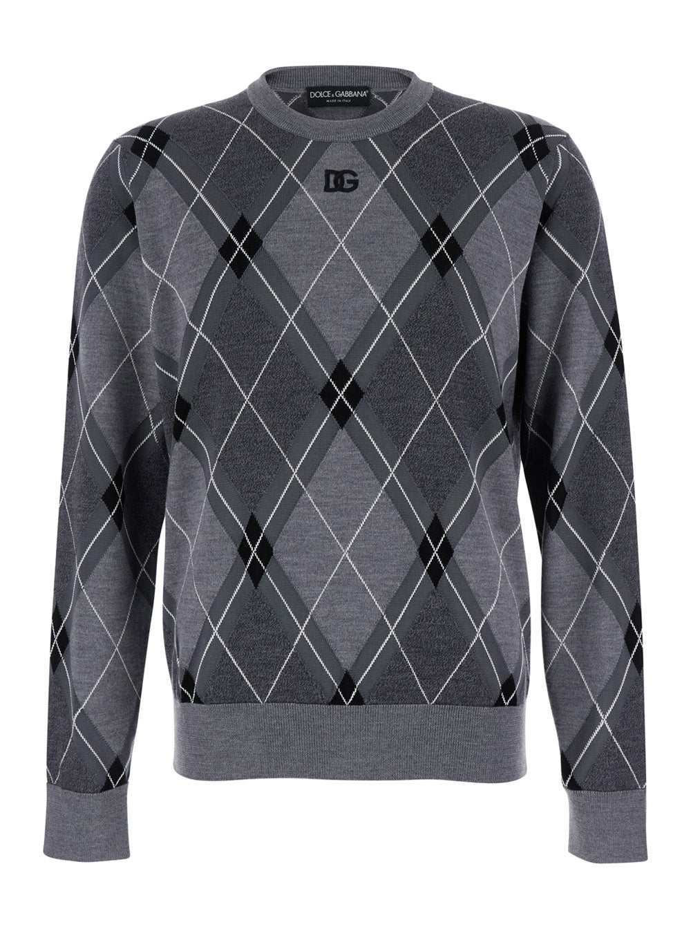 Dolce & Gabbana Men Grey Crew Neck Sweater With Front Logo And Diamond Pattern In Wool Blend Man DOLCE & GABBANA