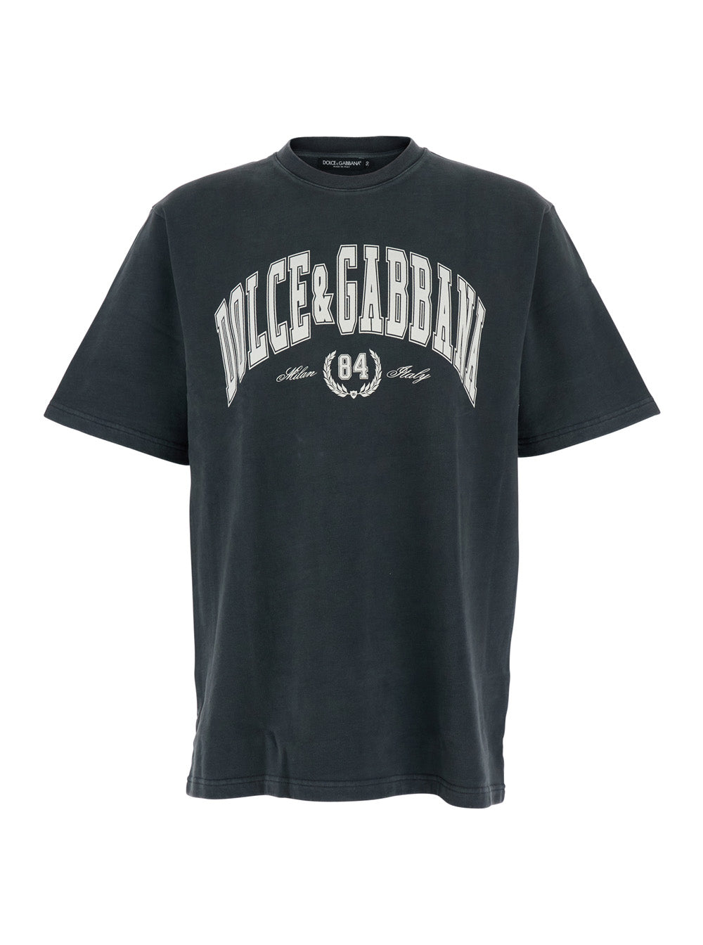 Dolce & Gabbana Men Dark Grey Crewneck T-Shirt With Logo Lettering Print On The Front In Cotton Man DOLCE & GABBANA