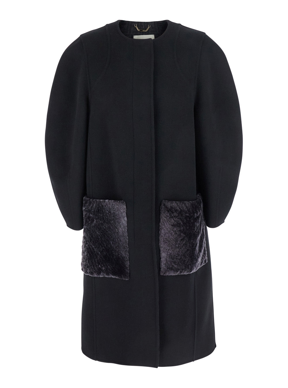 Fendi Women Black Crewneck Coat With Puffed Sleeves And Two Front Shearling Pockets In Wool Blend Woman FENDI