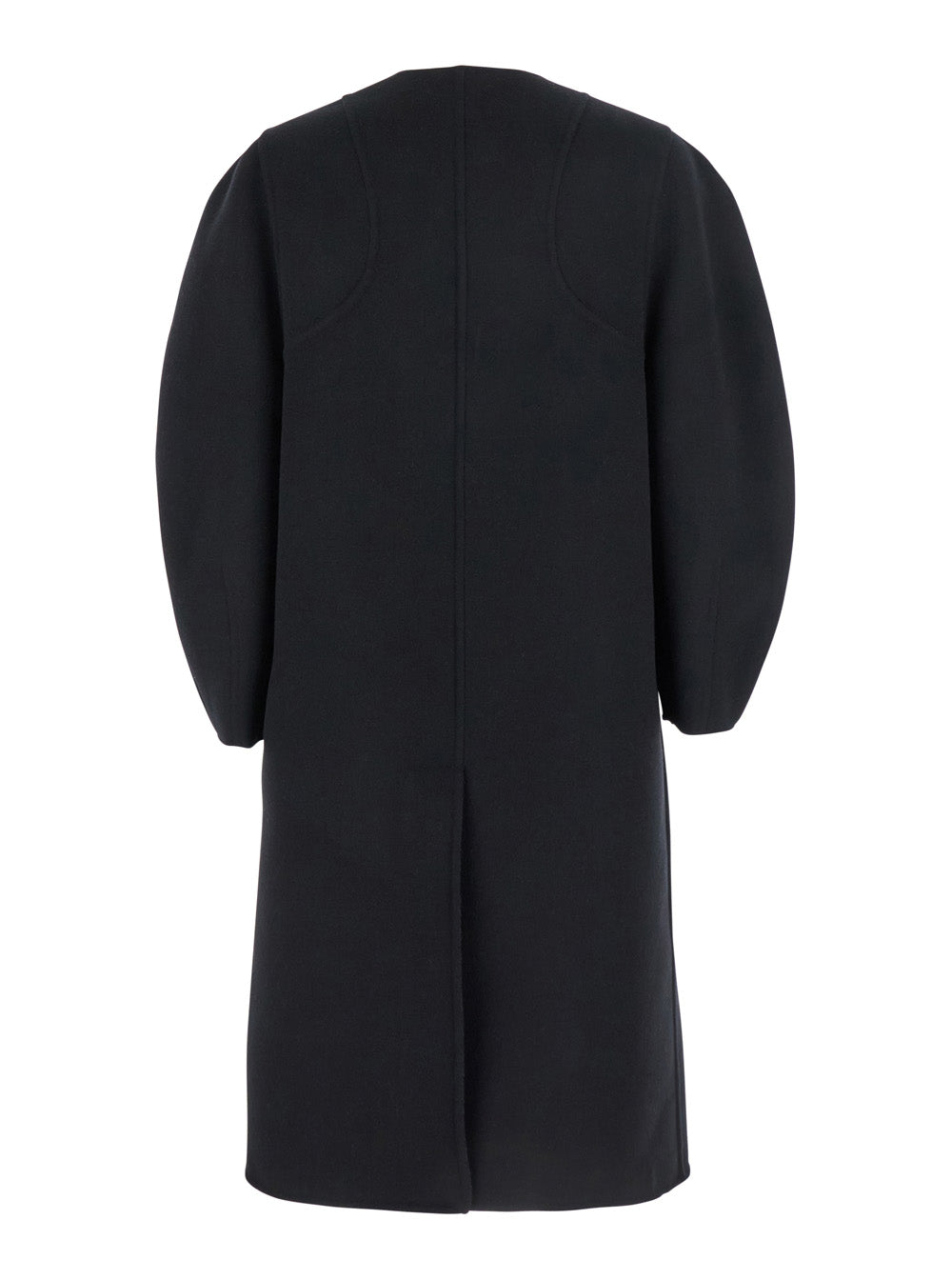 Fendi Women Black Crewneck Coat With Puffed Sleeves And Two Front Shearling Pockets In Wool Blend Woman FENDI