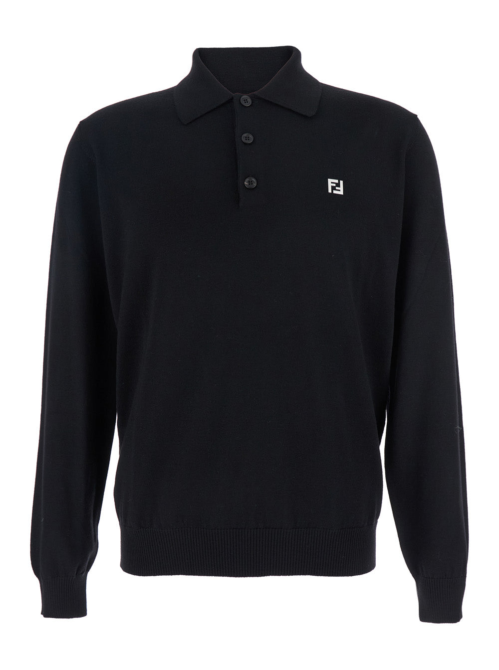 Fendi Men Black Long-Sleeve Polo Shirt With Classic Collar And Ff Plaque On The Front In Wool Man FENDI