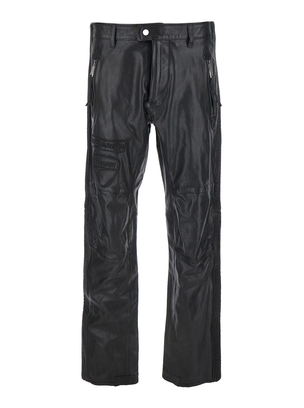 Dsquared2 Men 'Ducati X D2' Black Pants With Two Front Zip Closure And Logo Patches On The Front In Leather Man DSQUARED2