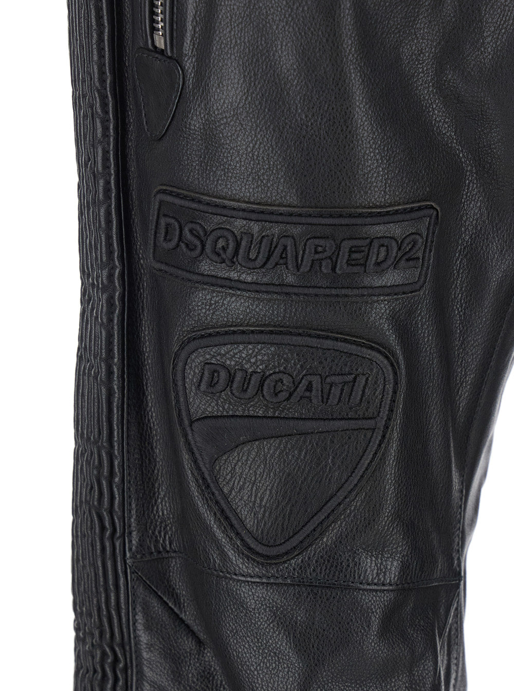 Dsquared2 Men 'Ducati X D2' Black Pants With Two Front Zip Closure And Logo Patches On The Front In Leather Man DSQUARED2
