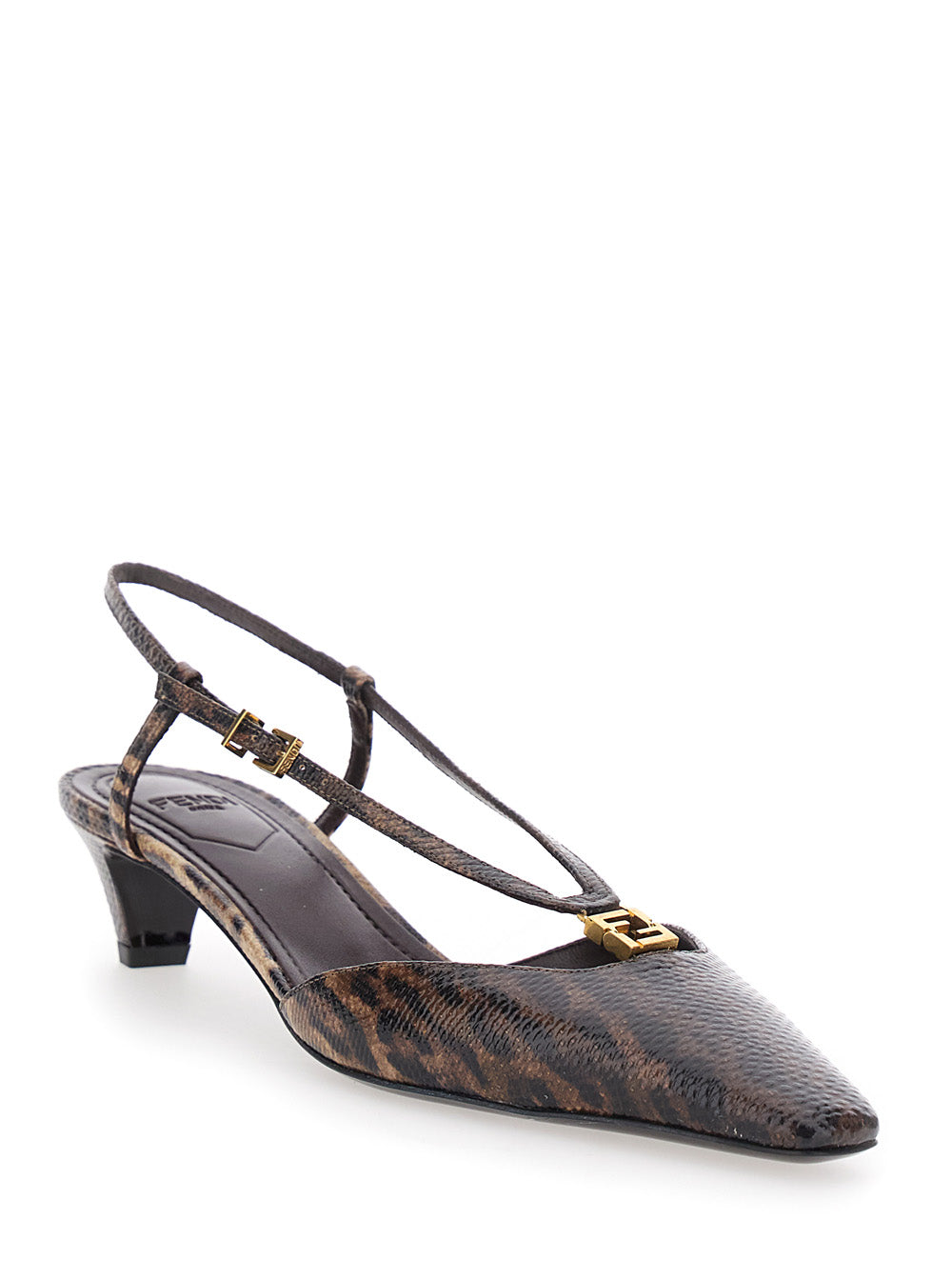 Fendi Women Brown Slingback Pumps With Square Toe And Animalier Motif In Leather Woman FENDI