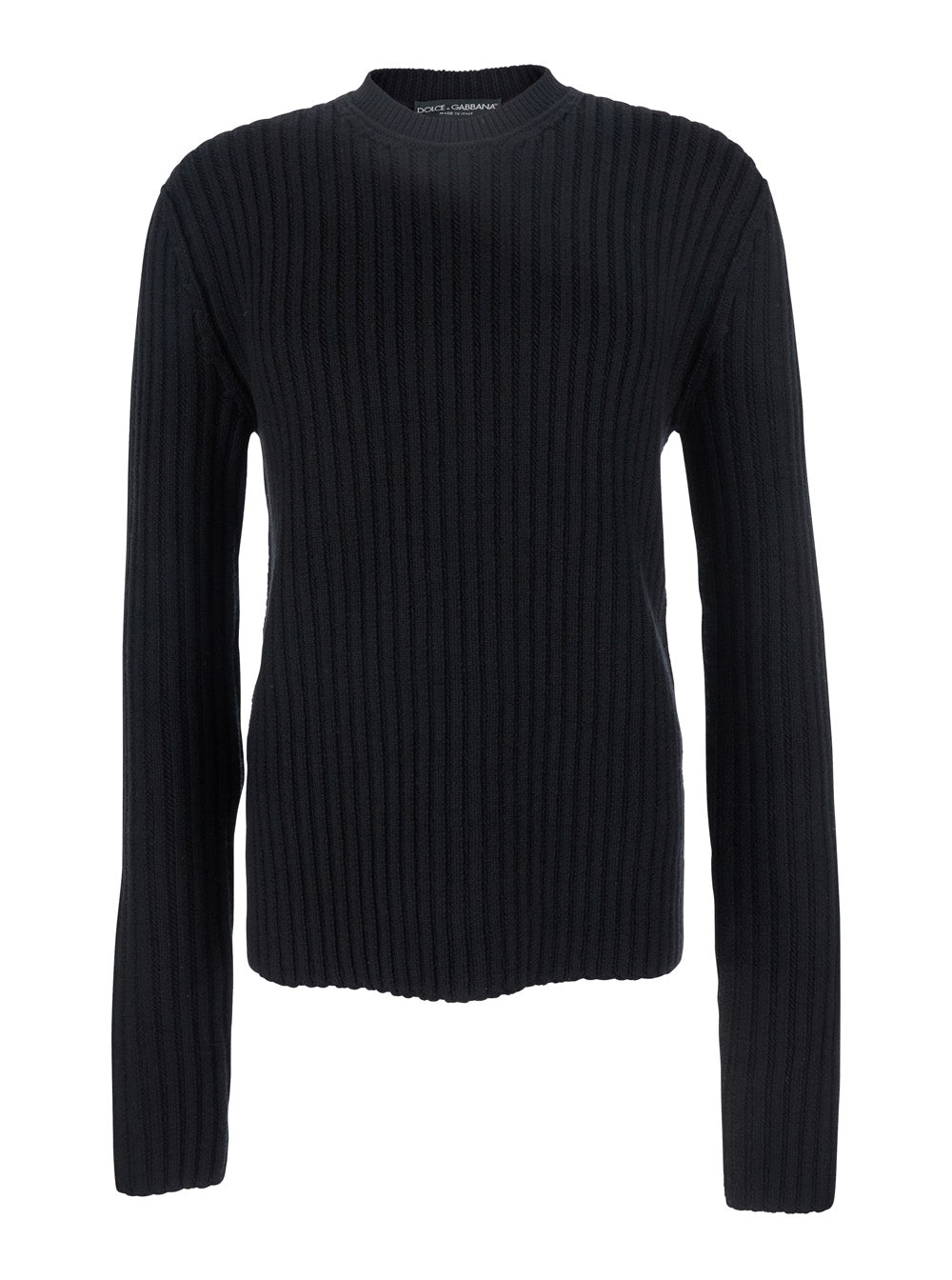 Dolce & Gabbana Men Black Ribbed Knit Crewneck Sweater With Logo Patch On The Rear In Wool Man DOLCE & GABBANA
