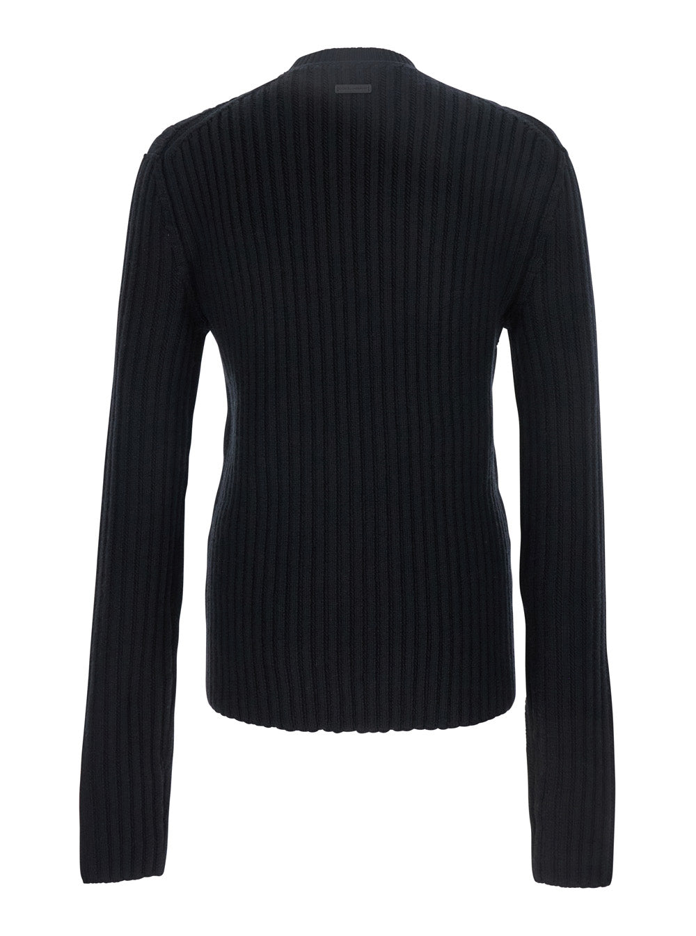 Dolce & Gabbana Men Black Ribbed Knit Crewneck Sweater With Logo Patch On The Rear In Wool Man DOLCE & GABBANA