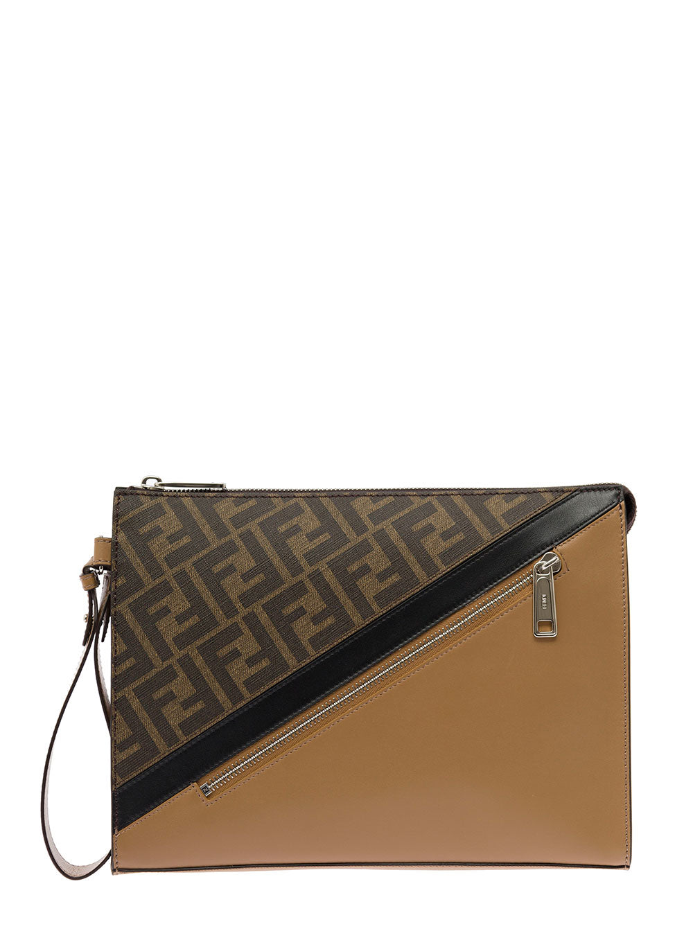Fendi Men Brown Flat Pouch With Leather Diagonal Insert Man Fendi FENDI