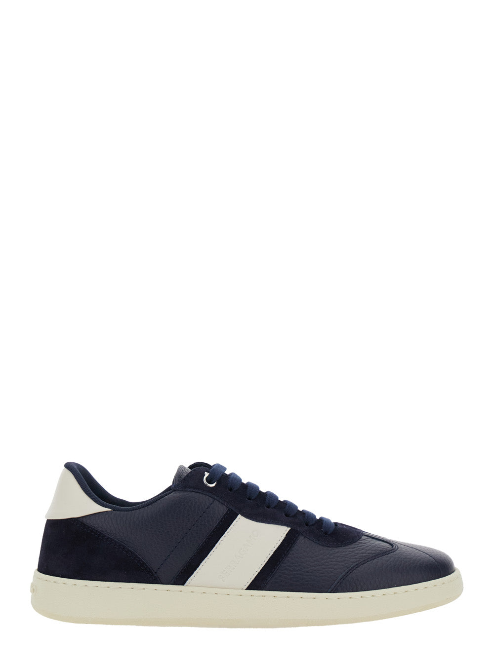 Ferragamo Men Blue 'Achille' Low Top Sneakers With Contrast Heel And Logo Lettering On The Tongue In Leather For Men FERRAGAMO