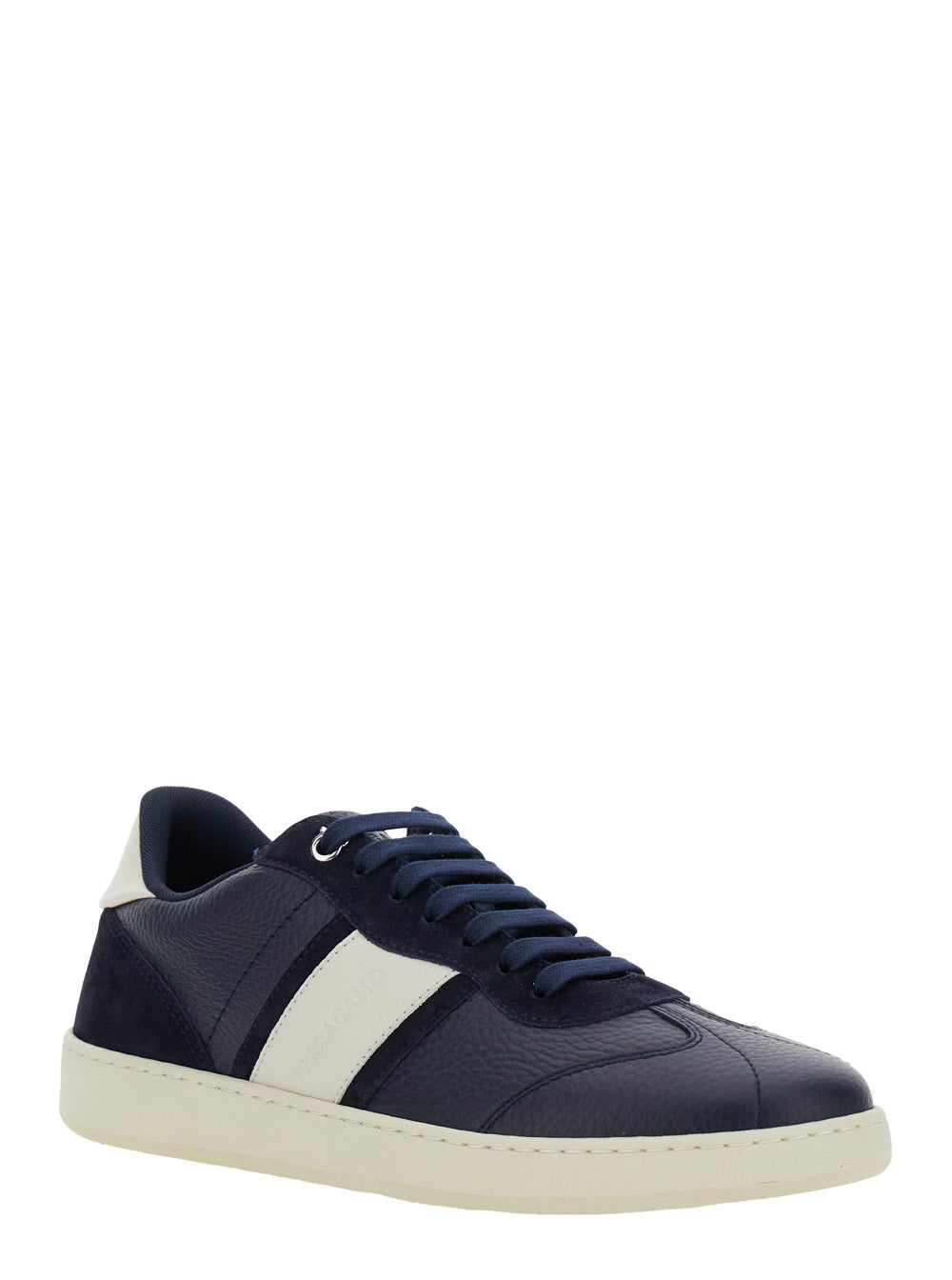 Ferragamo Men Blue 'Achille' Low Top Sneakers With Contrast Heel And Logo Lettering On The Tongue In Leather For Men FERRAGAMO