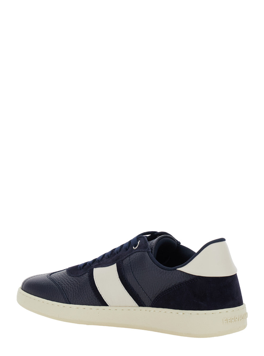 Ferragamo Men Blue 'Achille' Low Top Sneakers With Contrast Heel And Logo Lettering On The Tongue In Leather For Men FERRAGAMO