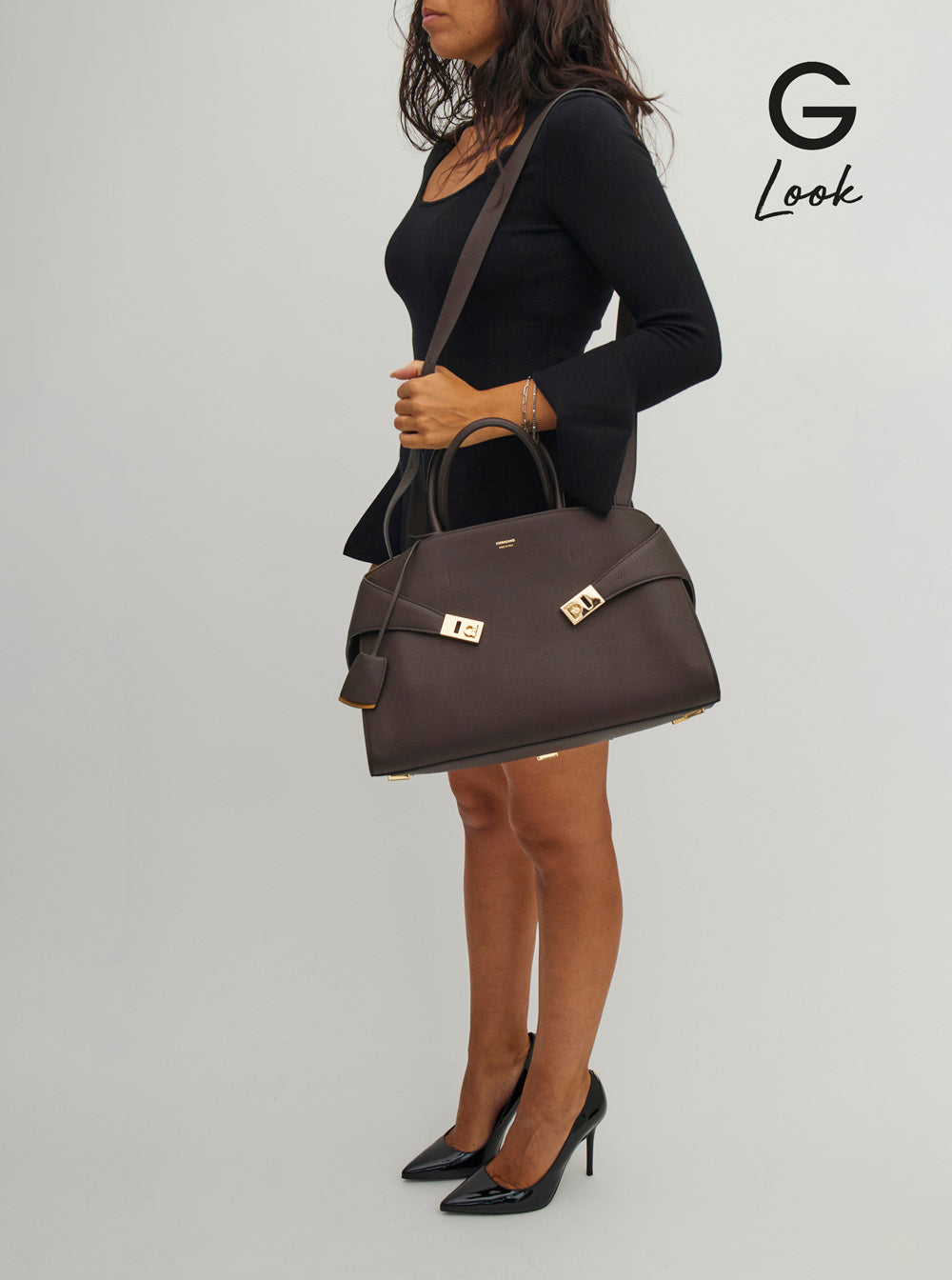 Ferragamo Women Handbag 'Hug Bicolor' With Logo And Gancini Buckles In Brown Leather For Women FERRAGAMO