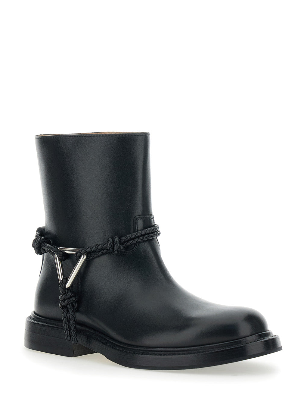 Bottega Veneta Women Black Ankle Boots With Metallic Detail On The Side And Applied Laces In Leather Woman BOTTEGA VENETA