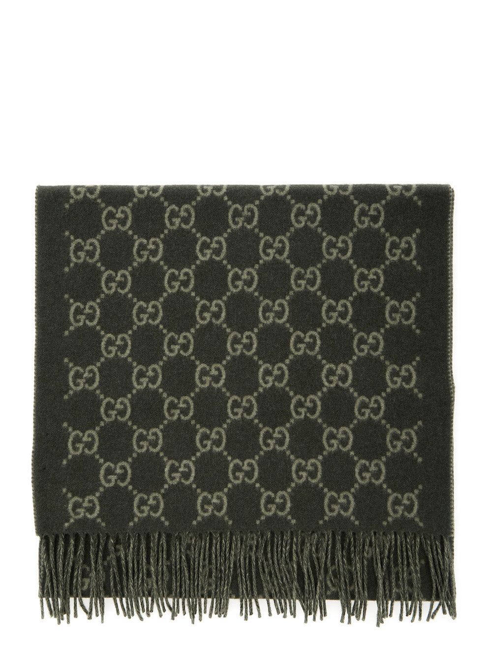 Gucci Men Green Scarf With Fringed Hem And Gg Motif Jacquard In Cashmere Man GUCCI