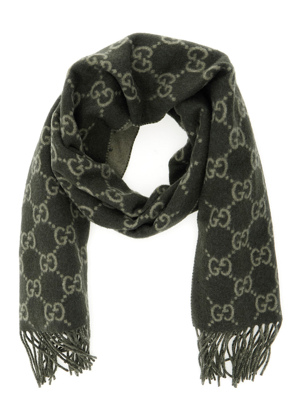 Gucci Men Green Scarf With Fringed Hem And Gg Motif Jacquard In Cashmere Man GUCCI