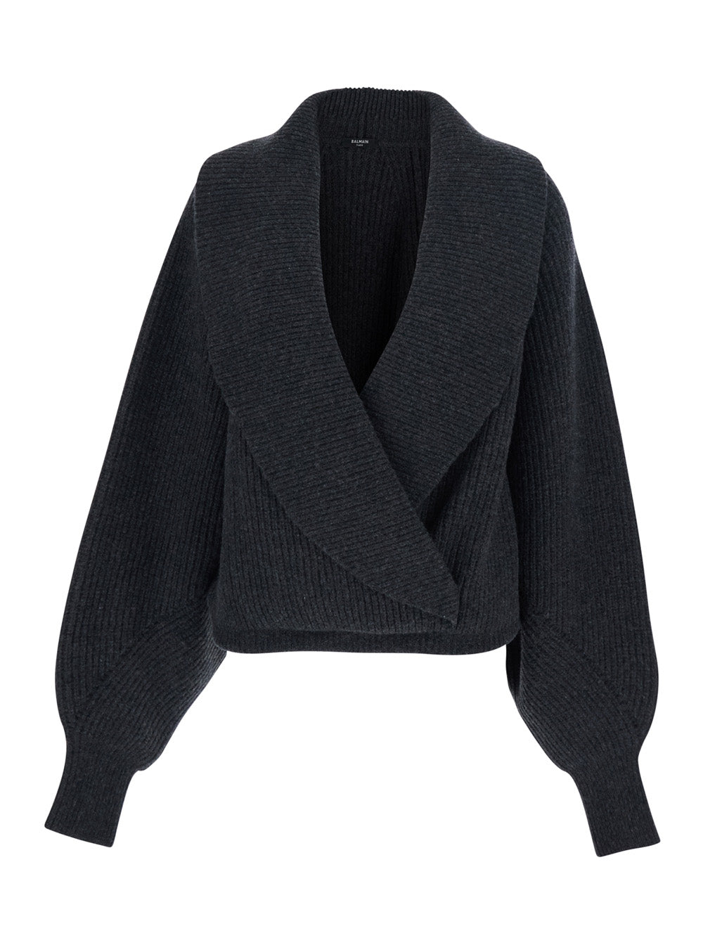 Balmain Women Grey Sweater With Weap Effect And Wide Revers In Wool Woman BALMAIN