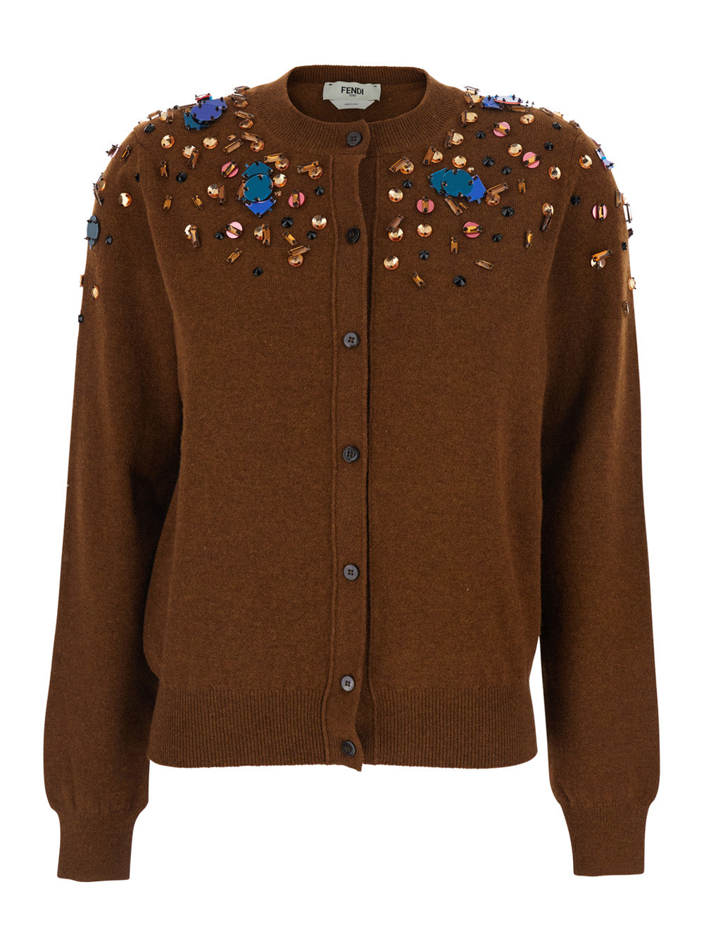 Fendi Women Brown Crewneck Cardigan With Rhinestone Embroidery In Wool And Cashmere Woman FENDI