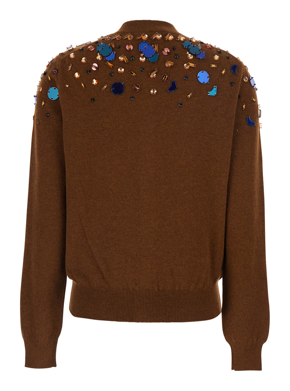 Fendi Women Brown Crewneck Cardigan With Rhinestone Embroidery In Wool And Cashmere Woman FENDI