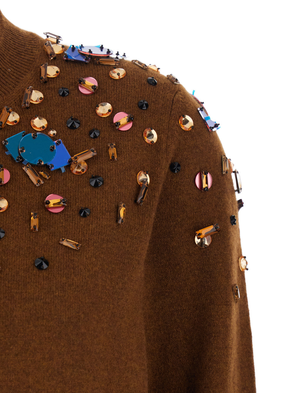 Fendi Women Brown Crewneck Cardigan With Rhinestone Embroidery In Wool And Cashmere Woman FENDI