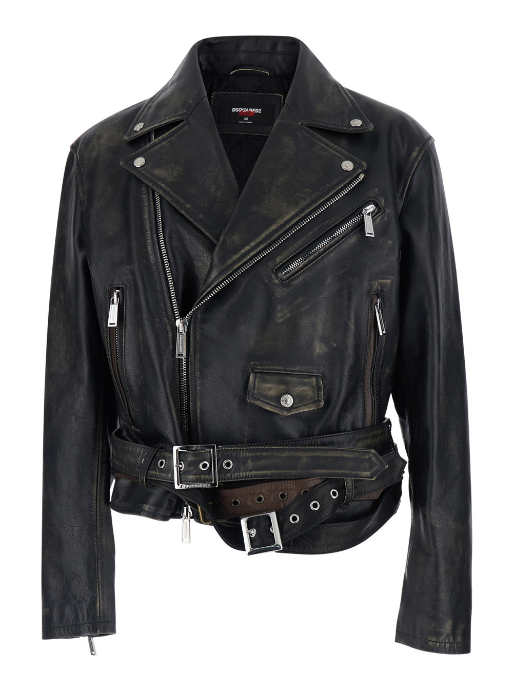 Dsquared2 Men 'D2 X Magliano' Black Biker Jacket With Wide Classic Lapels And Logoed Belt At The Waist In Leather Man DSQUARED2