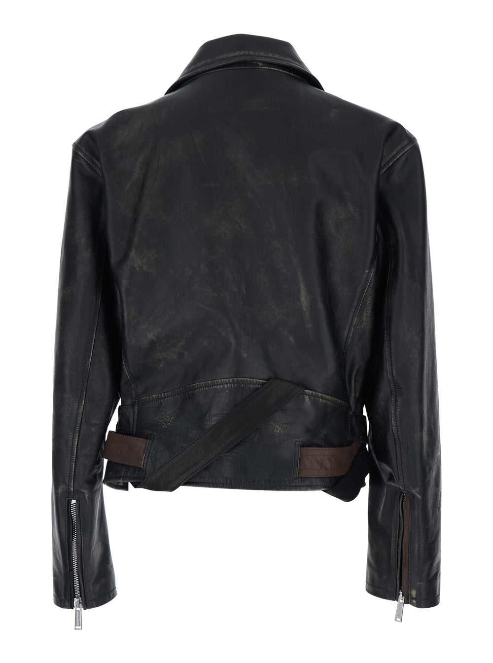 Dsquared2 Men 'D2 X Magliano' Black Biker Jacket With Wide Classic Lapels And Logoed Belt At The Waist In Leather Man DSQUARED2