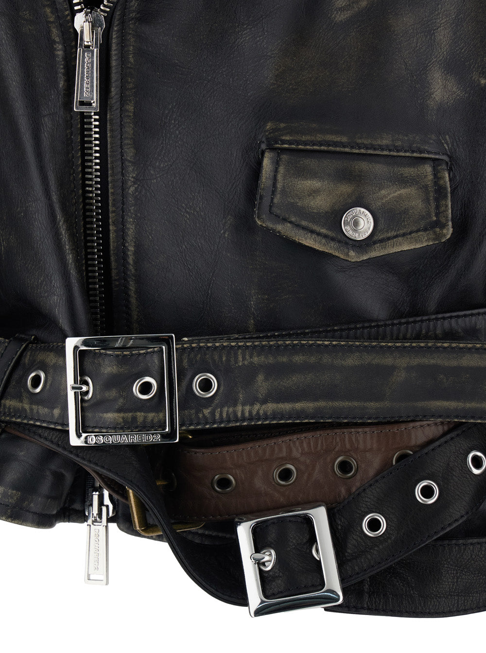 Dsquared2 Men 'D2 X Magliano' Black Biker Jacket With Wide Classic Lapels And Logoed Belt At The Waist In Leather Man DSQUARED2